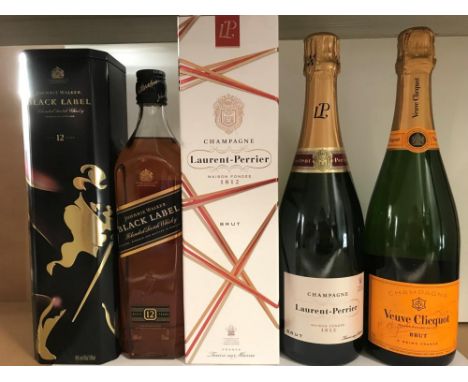 Johnnie Walker Black Label Scotch Whisky, aged 12 years, original tin; Champagne Laurent Perrier Brut NV, one bottle; Veuve C