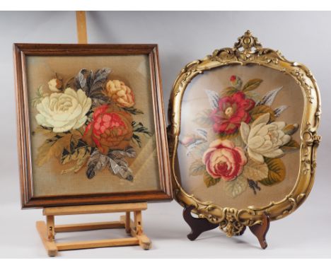A Berlin floral tapestry, in oak frame, 15" x 17", and a similar tapestry, in gilt shaped frame 