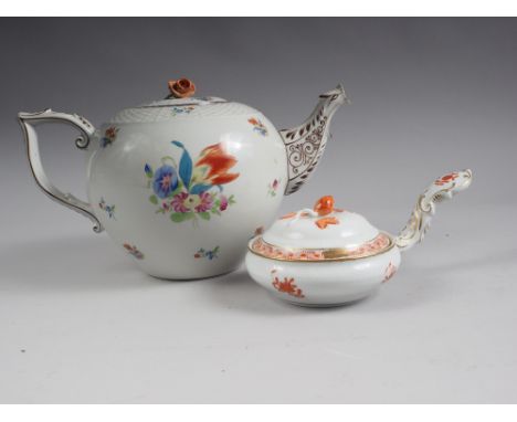 A Herend teapot, decorated floral sprays, 6 1/4" high, and a Herend pot with cover with handle decorated red and gilt floral 