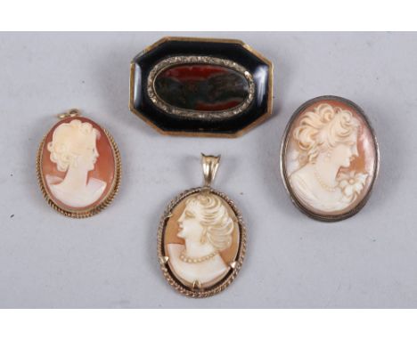 A 9ct gold framed cameo pendant, another similar in rolled gold frame, another similar in white metal frame, and a yellow met