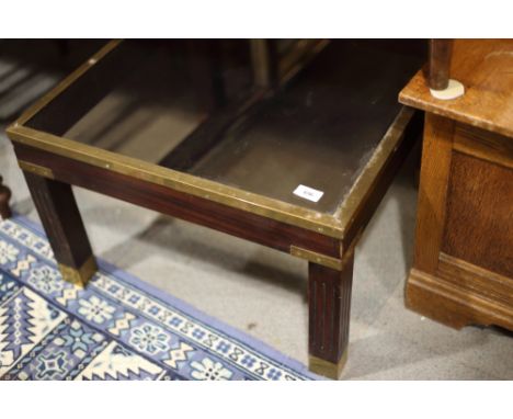 A pair of mahogany and brass mounted glass top lamp tables, 23 1/2" square x 14 1/2" high 