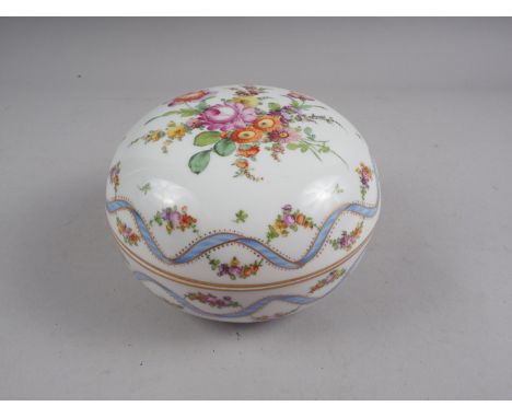 A Dresden floral enamel decorated bowl and cover, 5" dia 