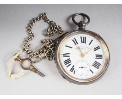 Two silver cased open faced pocket watches, a silver cased fob watch, a silver plated Albert chain, a number of watch keys an