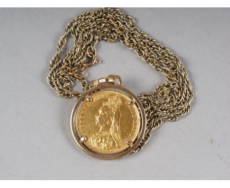 A Victorian 1889 gold sovereign, mounted as a pendant on 9ct rope twist chain, 20.3g approx