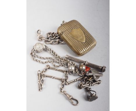 Two silver Albert watch chains, a silver Albertina watch chain, a white metal propelling pencil and a brass vesta case 