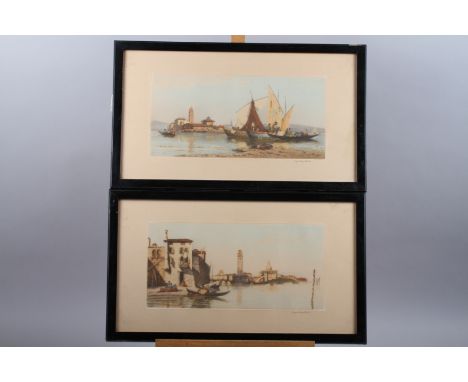 After Joseph Kirkpatrick: a pair of prints, Venetian scenes, in ebonised frames, an engraving of Dulwich College, in ebonised