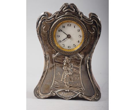 An Art Nouveau silver fronted clock with later added quartz movement, 6" high, and a Swiza gilt cased mantel clock 