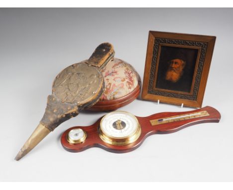 A Victorian style circular footstool, a modern barometer, a pair of bellows and a two-handled tray 