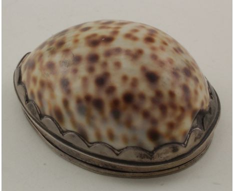 Silver mounted cowrie shell snuff box, circa 19th Century (?), hallmarks rubbed, lid with ornate engraved decoration (not per