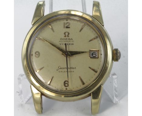 Gents gold plated Omega automatic wristwatch retailed by Turler, the light gold dial with gilt baton / arabic markers and dat