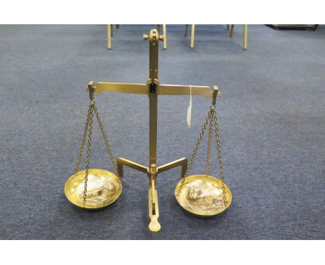 Brass set of scales by Marsden &amp; Co., height 45.5cm approx., with five weights