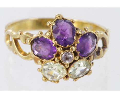 Tested as 18ct quartz flower cluster ring, size N, weight 2.2g.