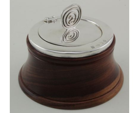 Unusual turned wooden base silver topped inkwell with No. 2 finial. Barker Ellis. London 2000