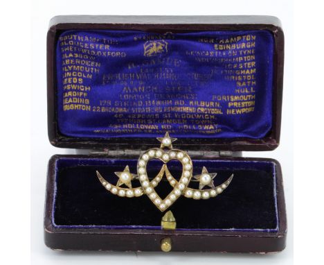 Victorian 15ct Gold and Pearl Heart and Star Brooch, two pearls missing, length 40mm approx., contained in original fitted le