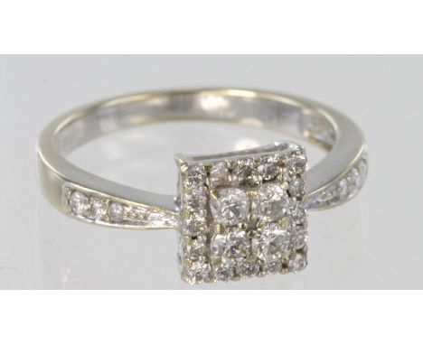 18ct white gold diamond ring, approx 22 diamonds in the form of a square with diamond shoulders, size P, 3.9g