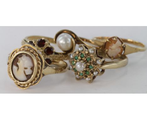 Five 9ct pearl, pearl and gem set and cameo rings, weight 11.2g