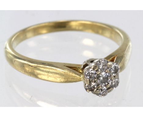 18ct seven stone diamond floral ring, size O, 3.6g