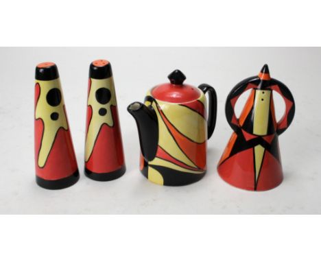 Lorna Bailey, Salt and pepper set (Lava), teapot (Flame) and sugar Sifter. Signed to base.