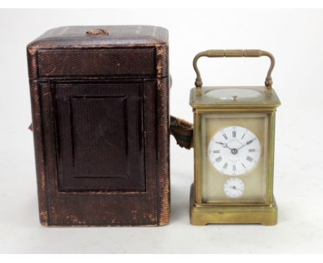 French brass five glass repeating carriage clock, enamel dial reads 'A. H. Rodanet, Constructeur de chronometees, 36 Rue Vivi