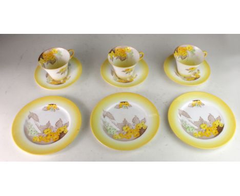 Shelley Phlox pattern part tea set, comprising three tea cups, saucers and small plates