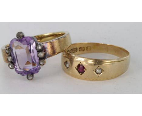 18ct amethyst and diamond dress ring, size P, weight 6.4g. 15ct ruby and diamond gypsy set three stone ring, size Q, weight 3