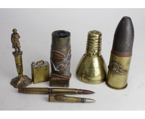 Assorted Trenchart, comprising French fuse cap engraved 'Ypres' &amp; 'Dixmude'; Small inert 1lb 1904 date shell with R.A. Ba