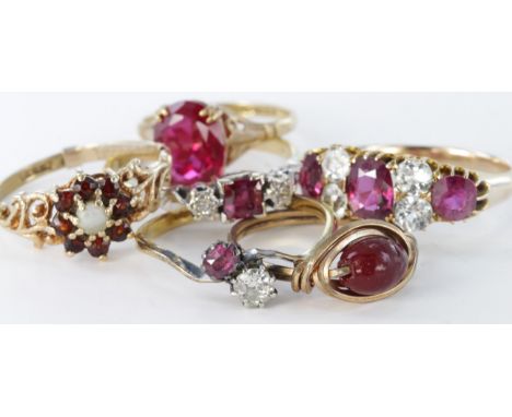 Mixed lot of six 9ct gold ruby and cz, ruby and diamond and red paste set rings, weight 14.6g