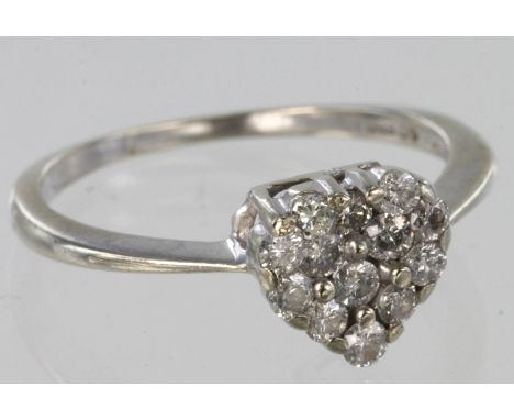 9ct white gold diamond cluster ring in the shape of a heart, total approx 0.5ct, size R, 2.7g