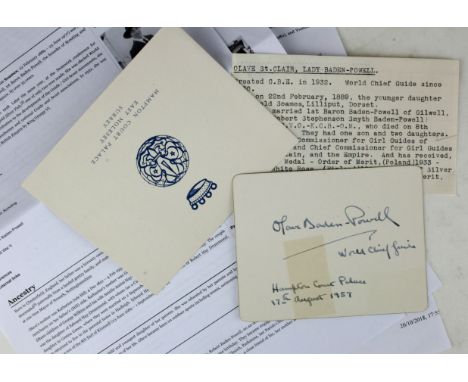 Girl Guides, Olave Baden-Powell (1889-1977), signed white card, dated 17th August 1957 and an unsigned centenary year opening
