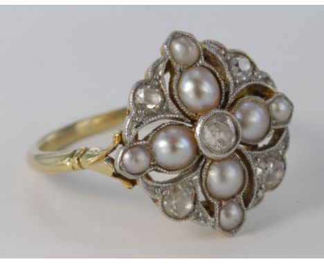 Yellow Metal (tests 14ct Gold) Pearl and Diamond Ring size L weight 3.7g