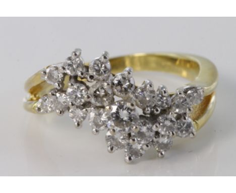 18ct diamond three row dress ring, with twenty two diamonds totalling approx. 1.25ct. Size K, weight 5.0g