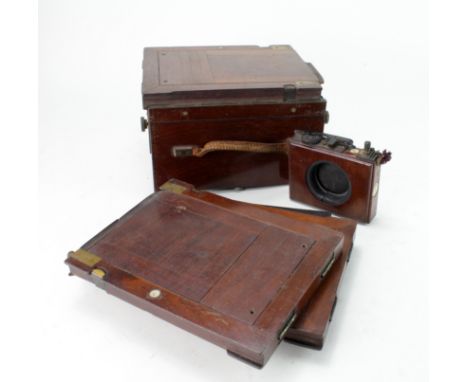 Mahogany folding plate camera, leather bellows, brass lens, together with plate holders &amp; a Thornton Pickard timer, camer