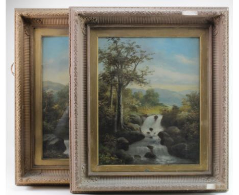 R. Marshall (19th Century). Pair of oil on canvases, each depicting a fast flowing stream surrounded by trees with hills in t