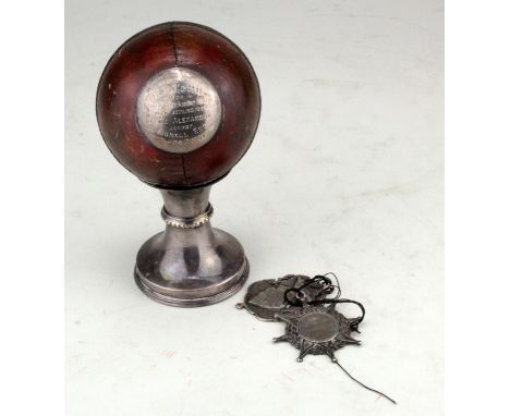 Edwardian Presentation cricket ball on white metal stand with plaque, engraved 'Presented to R. R. Fenn for taking 10 wickets