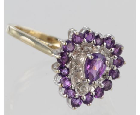 9ct diamond and amethyst ring in the shape of a heart, size N, 3.3g