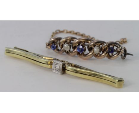 14ct diamond set bar brooch, weight 3.6g. 9ct sapphire and pearl set bar brooch, weight 2.1g.