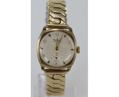 Gents 9ct cased wristwatch by Rotary, hallmarked Birmingham 1956. The cream dial with gilt baton markers and arabic numerals,