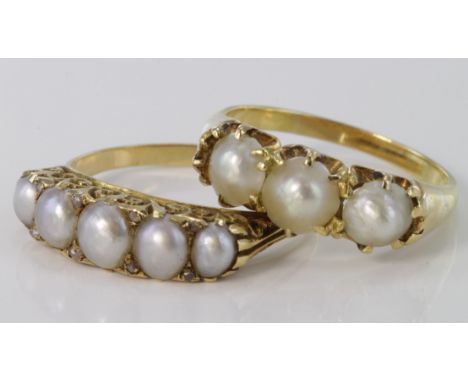 18ct pearl five stone carved head ring with diamond accents, size K, weight 3.0g. Gold and pearl three stone ring, size K, we