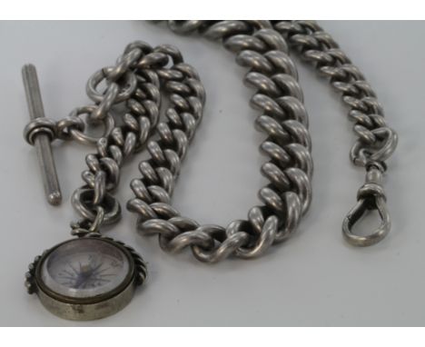 Very heavy Silver "T" bar pocket watch chain with each link hallmarked and having a silver backed compass attached. Length 38