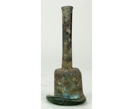 Ancient Roman (ca.200 AD) glass flask shaped like bell with lovely irredesance  150mm