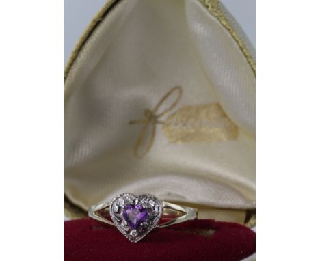 9ct Gold Amethyst and Diamond Heart Ring size L weight 1.6g