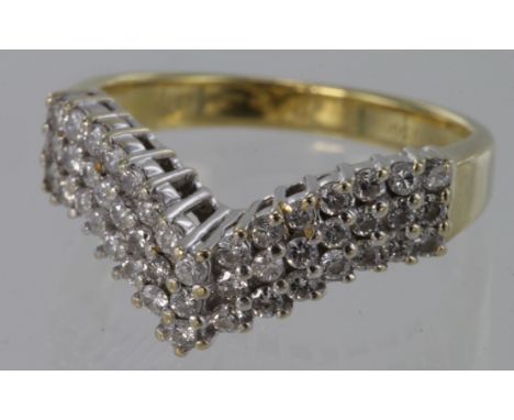 18ct three row diamond wishbone ring, size K, weight 4.8g