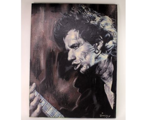 Zinsky (British, 21st Century). Oil on canvas depicting a portrait of Keith Richards of the Rolling Stones, signed by artist 