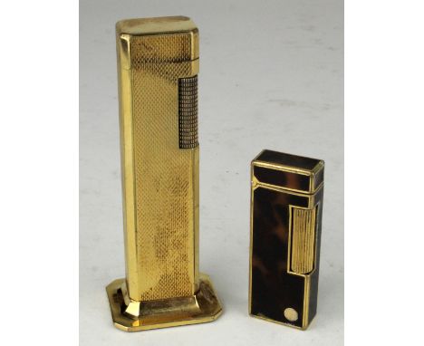 Dunhill Tallboy gold plated lighter, height 110mm approx., together with a Dunhill tortoiseshell style lighter, length 63mm a