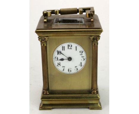 Brass five glass carriage clock, with enamel dial and gilt surround, height 140mm, width 103mm, depth 92mm approx.