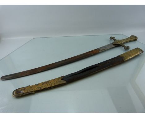 19th Century Military sword with leather and brass Scabbard marked MT25 to handle and scabbard. Scabbard A/F