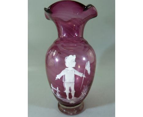 Victorian flared top cranberry glass vase with spiralled trailing white glass throughout. Painted with an enamel scene to fro
