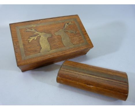 Modern turned wooden snuff box inlaid with brass and a small trinket box inlaid with Stag heads. 