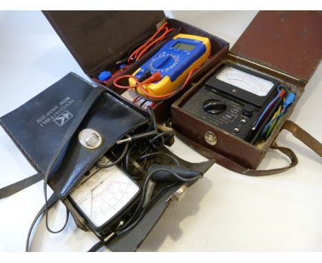 Box containing vintage cased tools - To include Metex Digital Multimeter, Kyoritsu Kew Snap and a TMK Tester in leather case.
