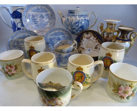 Victorian china - to include a pair of Floral mugs with gilded handles, Blue and white quart ale mug decorated in flora, 19th